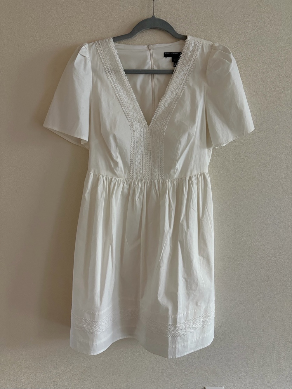 Maggy London White V-Neck Lace-Trim Mini Dress with Flutter Sleeves